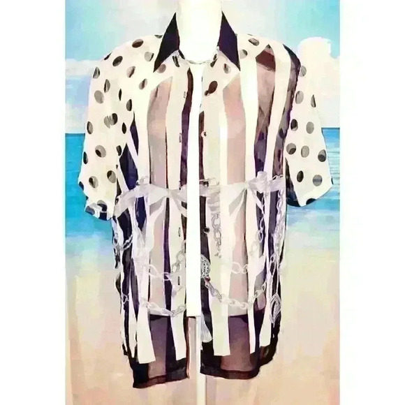 FASHION AGE Woman's SHEER Career Casual Blouse NAVY BLUE & WHITE Button Down Lg - Picture 2 of 6